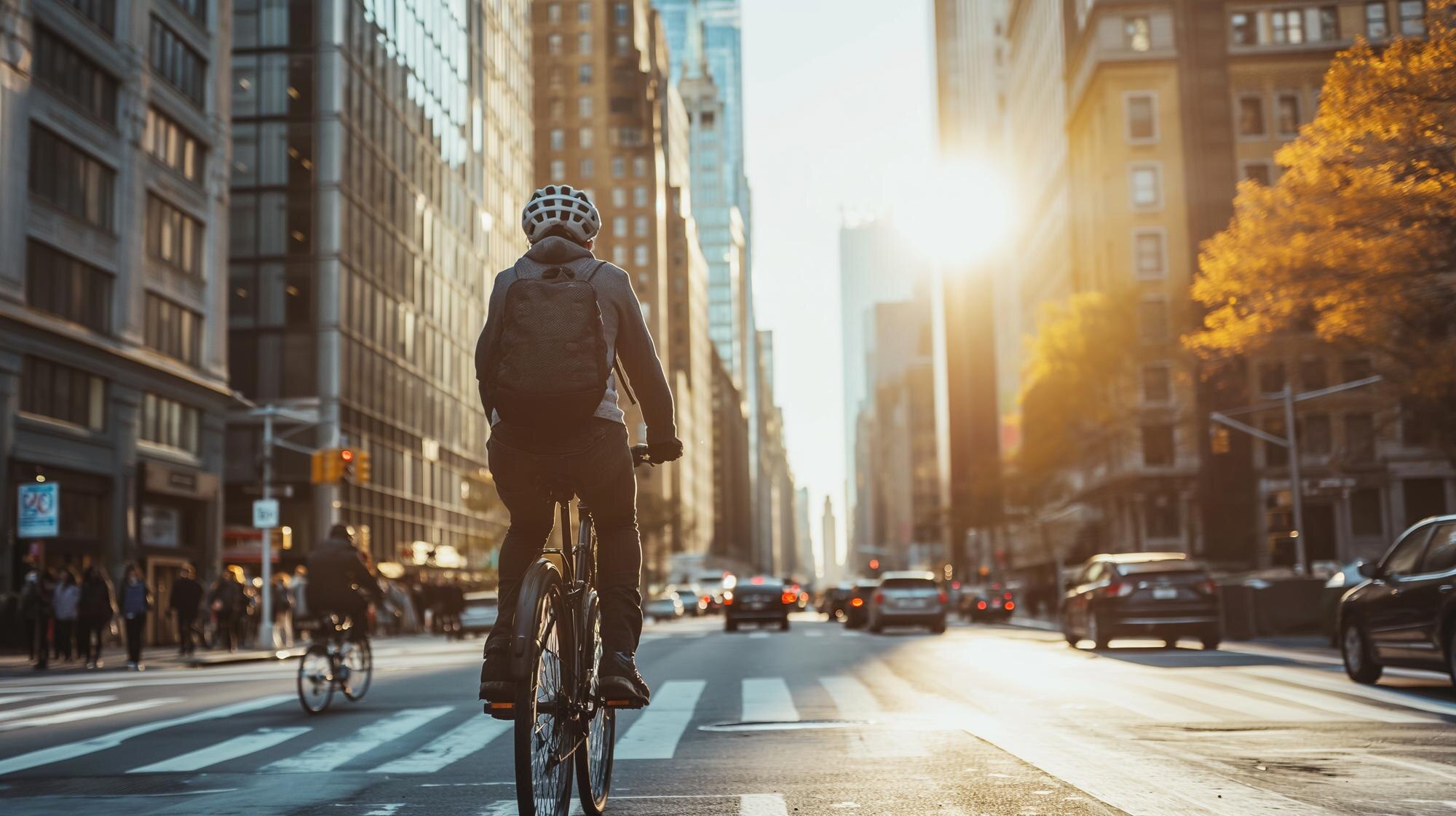 Cyclist commuting through city streets at sunset, representing the spirit of urban cycling and sustainable fashion. The warm golden light highlights the balance between performance, comfort, and eco-conscious lifestyle promoted by Cycle Swagger.