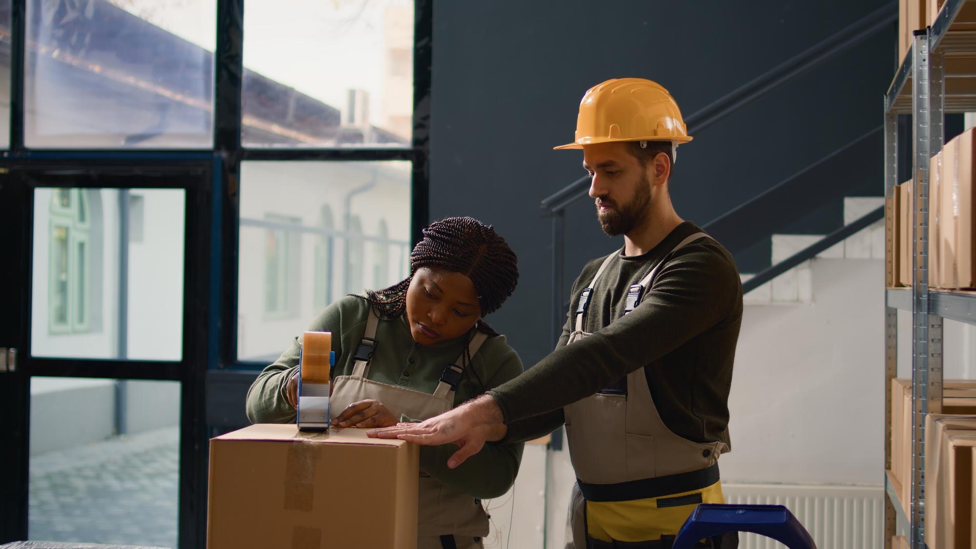 A woman and a man pack a box with packing tape. They are standing in front of windows, a door, and a staircase. Next to them is a metal shelving unit full of boxes. The man wears a construction helmet and they both wear overalls.