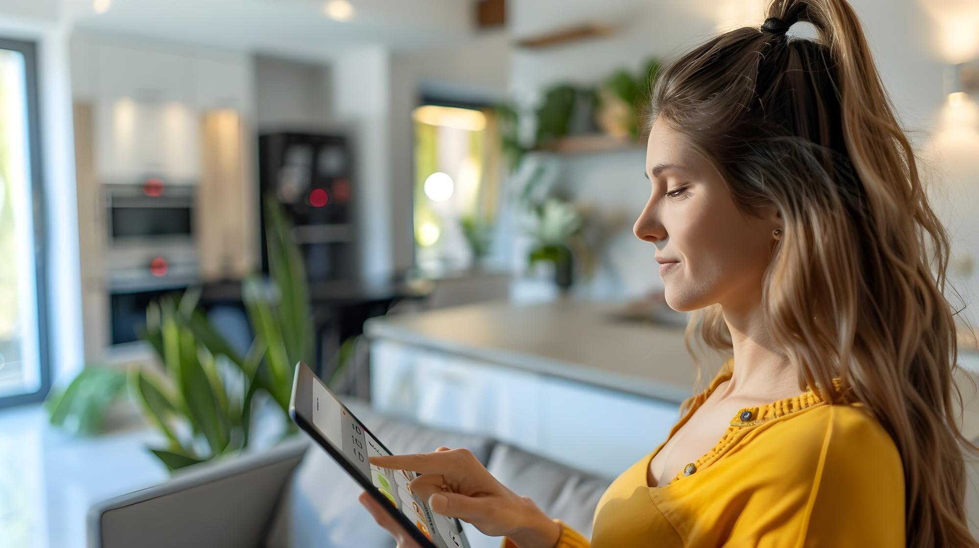 woman controlling smart home devices with tabletco eeacde827c381ff4c798