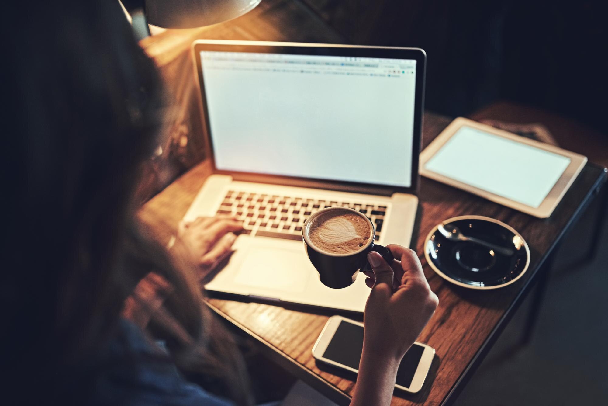 woman laptop and freelancer for coffee at night co f973c4d462090a35ad5e