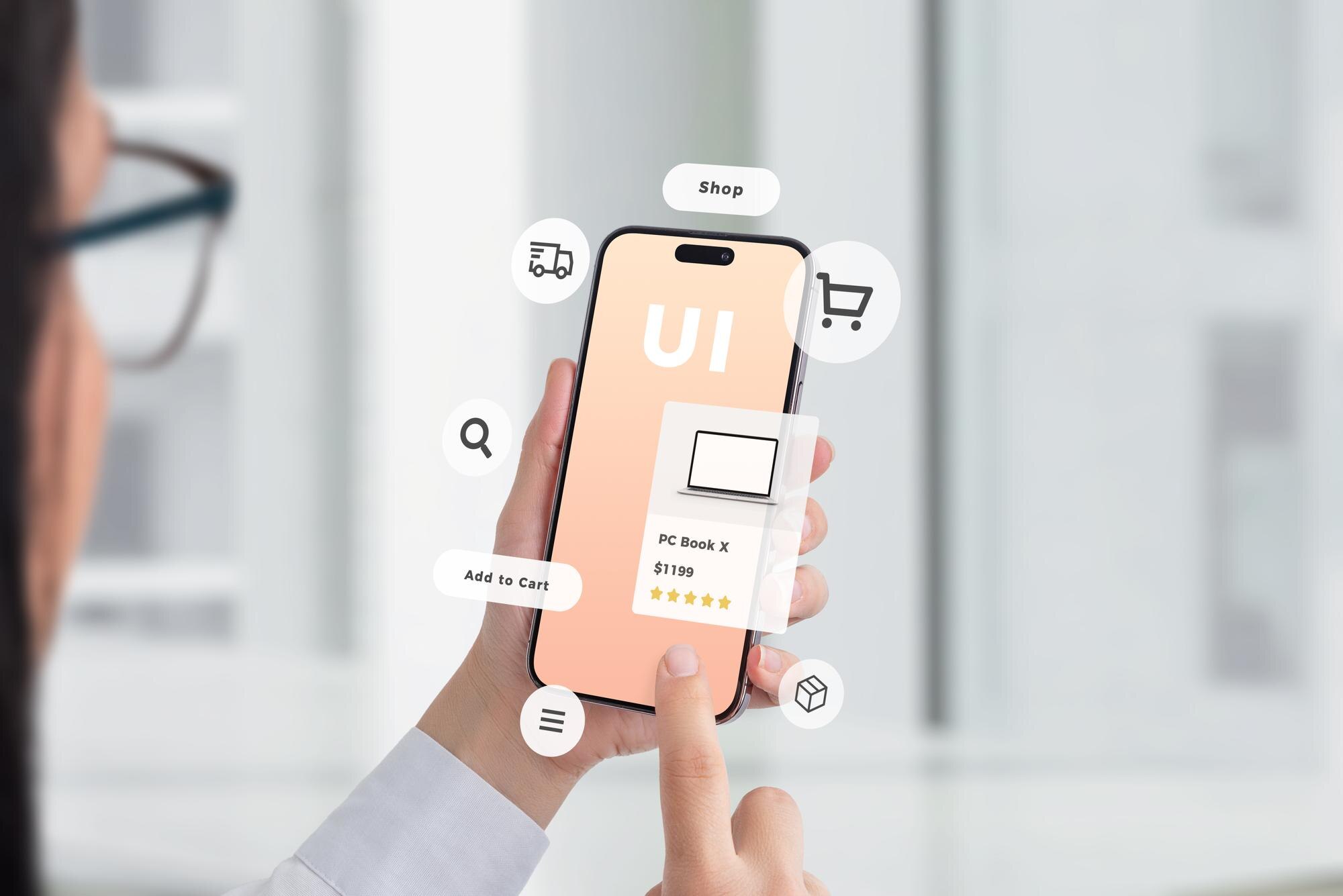 woman using mobile device ui elements representing 4492ccba57fa33a9e3fe