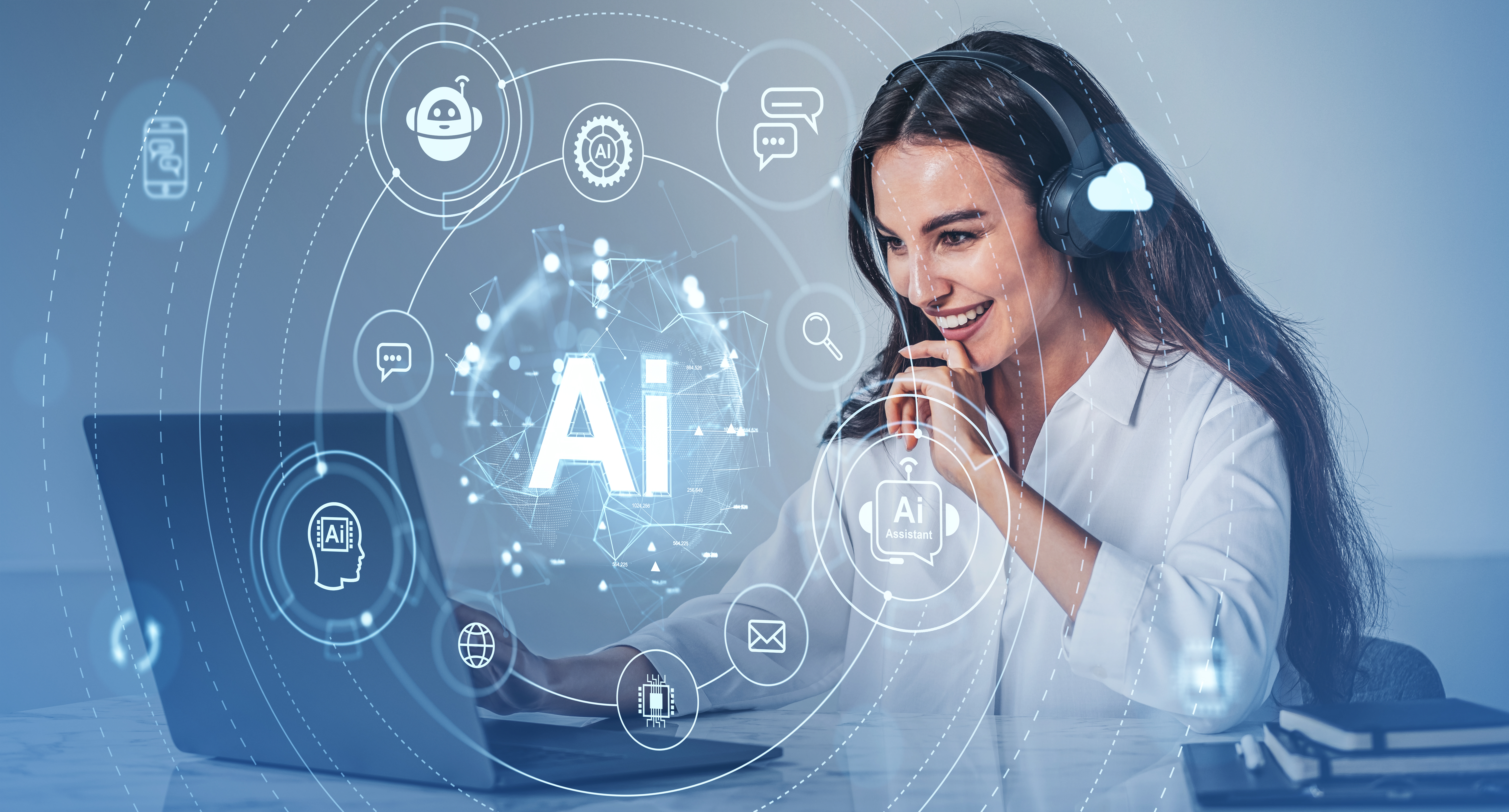woman with headset using laptop surrounded by ai d589807a6979446ada48