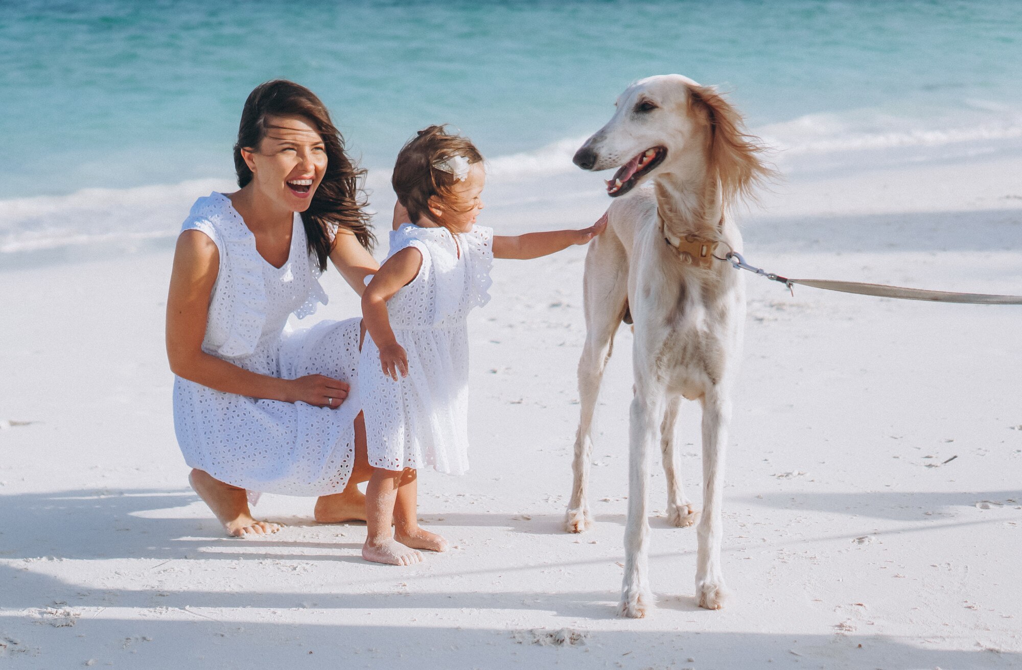 woman with her little daughter playing with dogs a b520c569a3435251a28b