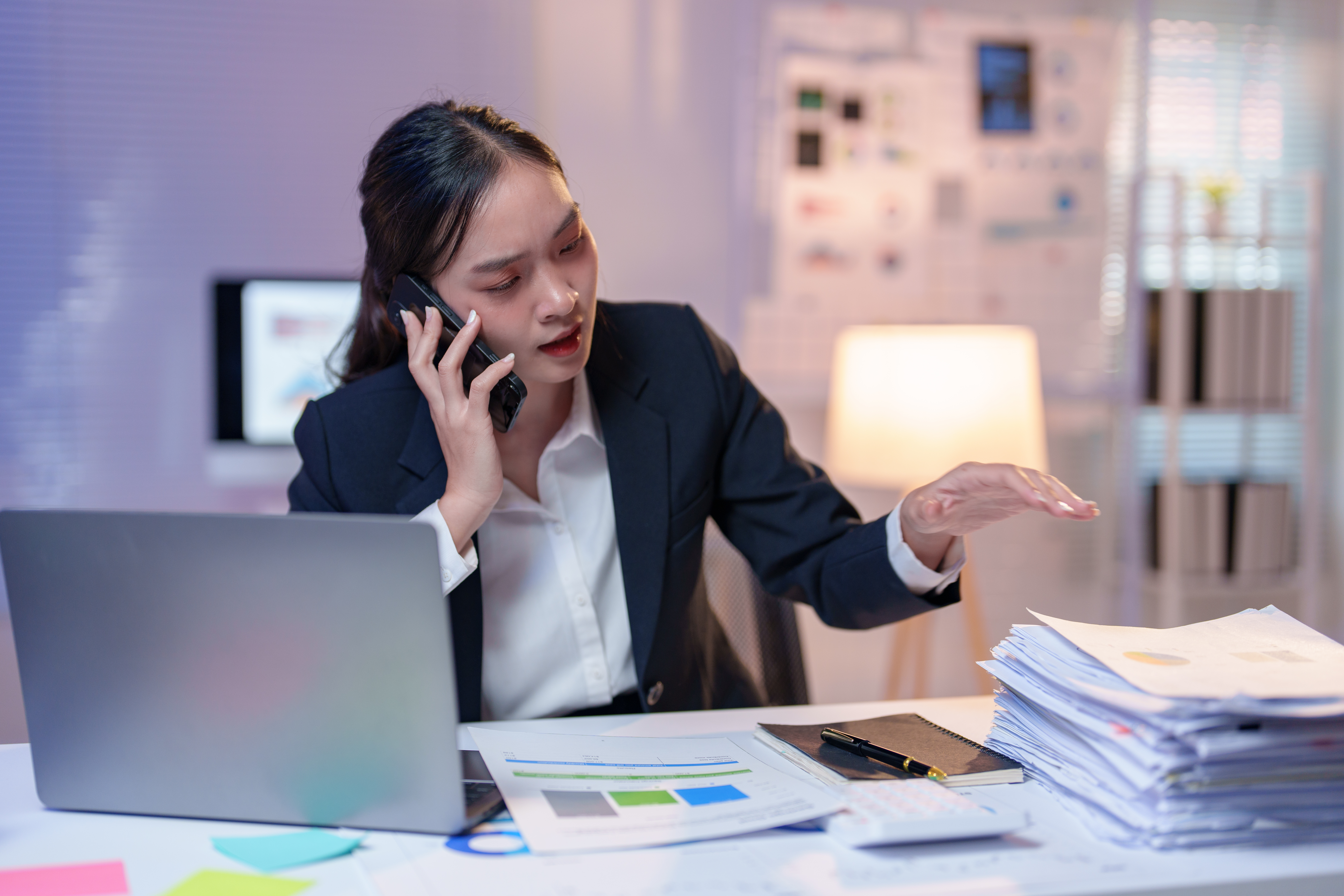 Busting Productivity Myths: The Secret To Real Happiness 2 Young Businesswoman Feeling Overwhelmed While Talk B043D873792E52E17724