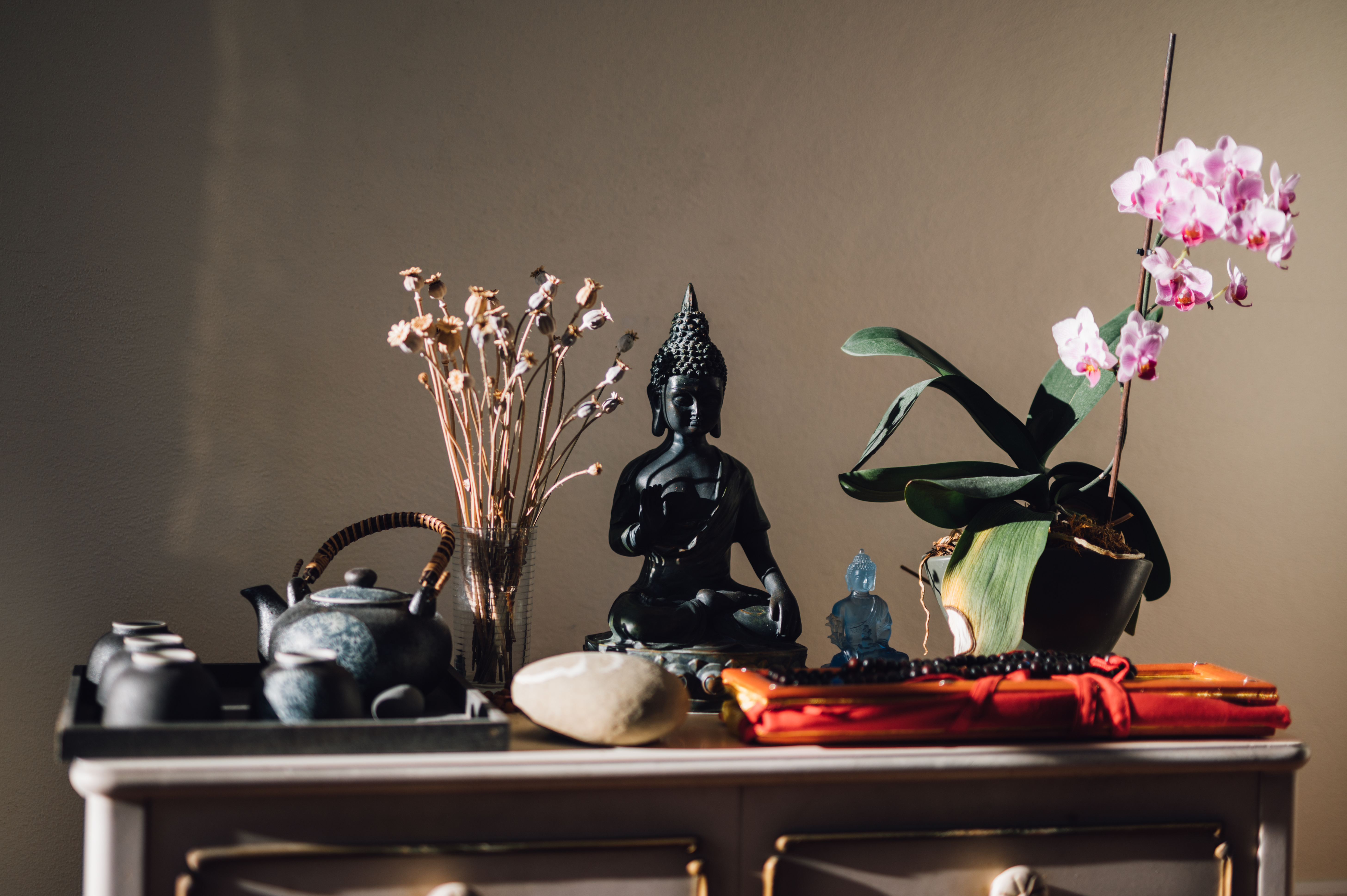zen interior still life with buddha altar dried f ec06ecad5e41665ce056
